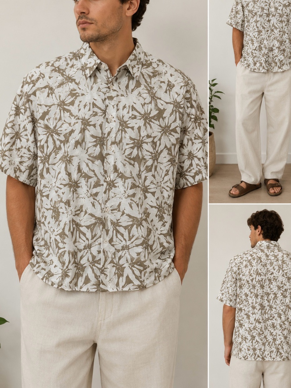 Hugo Boss Short-Sleeve Floral Button-Down Shirt in Beige and White Cotton  3XL